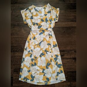 Monteau Mustard Floral Midi Dress with Blue Leaf Accents